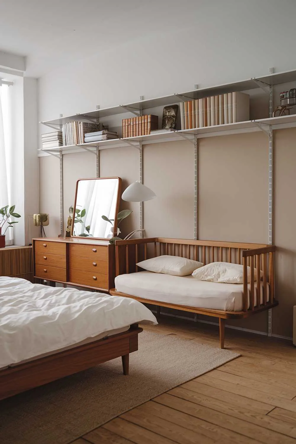 33 Japandi Small Apartment Bedroom Design Ideas 29 A classic Japandi apartment bedroom design with a wooden floor, a white wall, and a beige wall. There is a wooden bed with a white duvet and two beige pillows. There is a wooden dresser with a white lamp on top. The dresser has a mirror and four drawers. There is a beige rug under the bed. The room has a white bookshelf with several books and a few decorative items. There is a small plant near the window.
