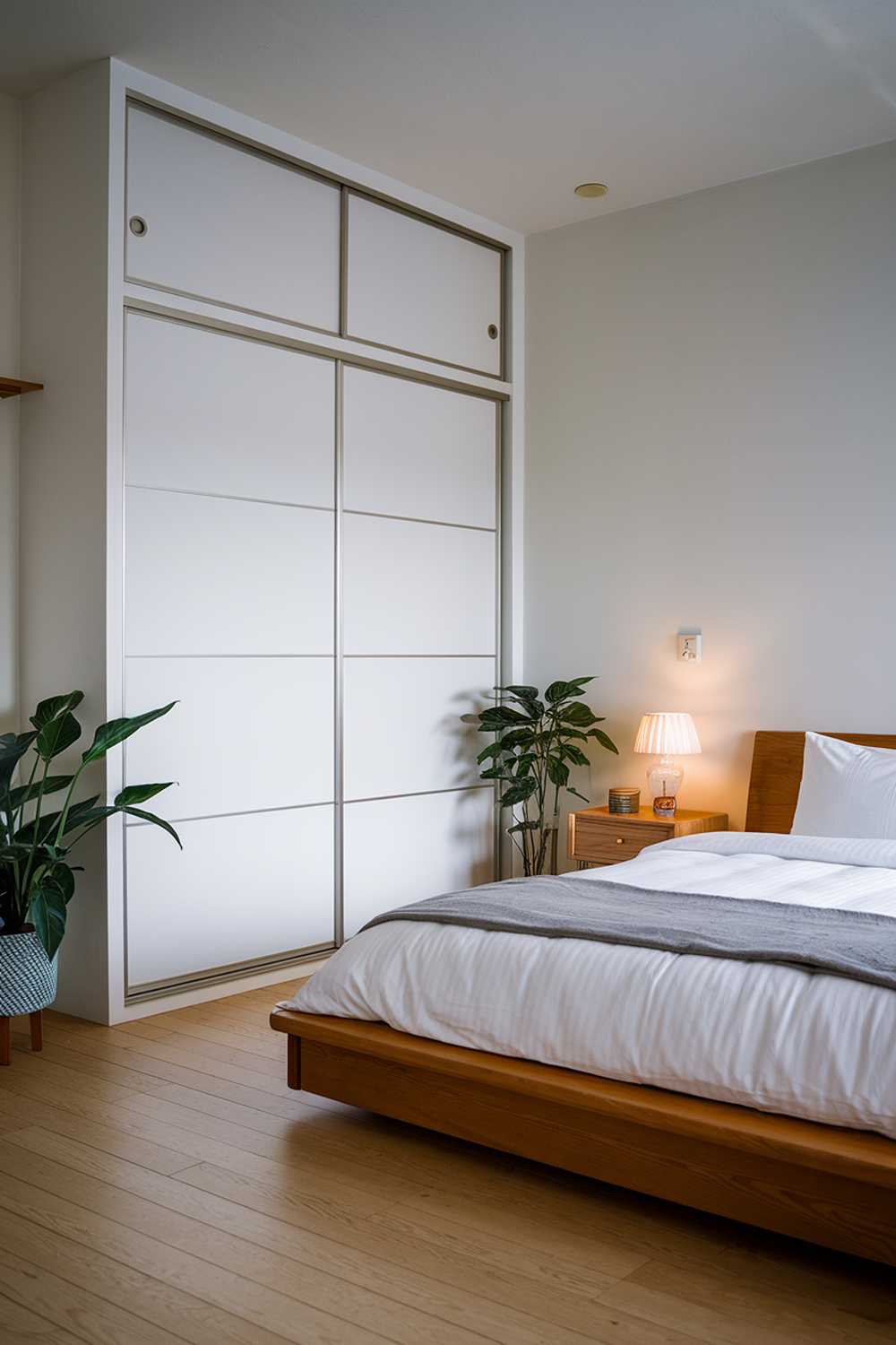 A classic Japandi apartment bedroom design. There is a wooden platform bed with white sheets and a gray blanket. There is a wooden nightstand next to the bed with a lamp. There is a white wardrobe with sliding doors. The walls are painted white. The flooring is made of light wood planks. There are two potted plants in the room.