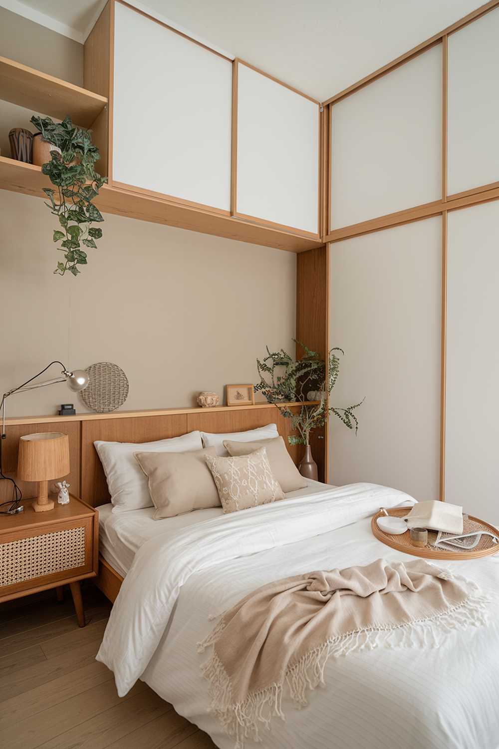 A cozy Japandi apartment bedroom design with wooden elements and Scandinavian furniture. The room has a queen-sized bed with a white duvet and beige pillows. There is a wooden nightstand on one side of the bed with a lamp and a decorative item. The walls are painted beige. There is a white wardrobe with sliding doors, and a wooden shelf above the bed. The flooring is a light wood. The room has a few potted plants and a decorative item