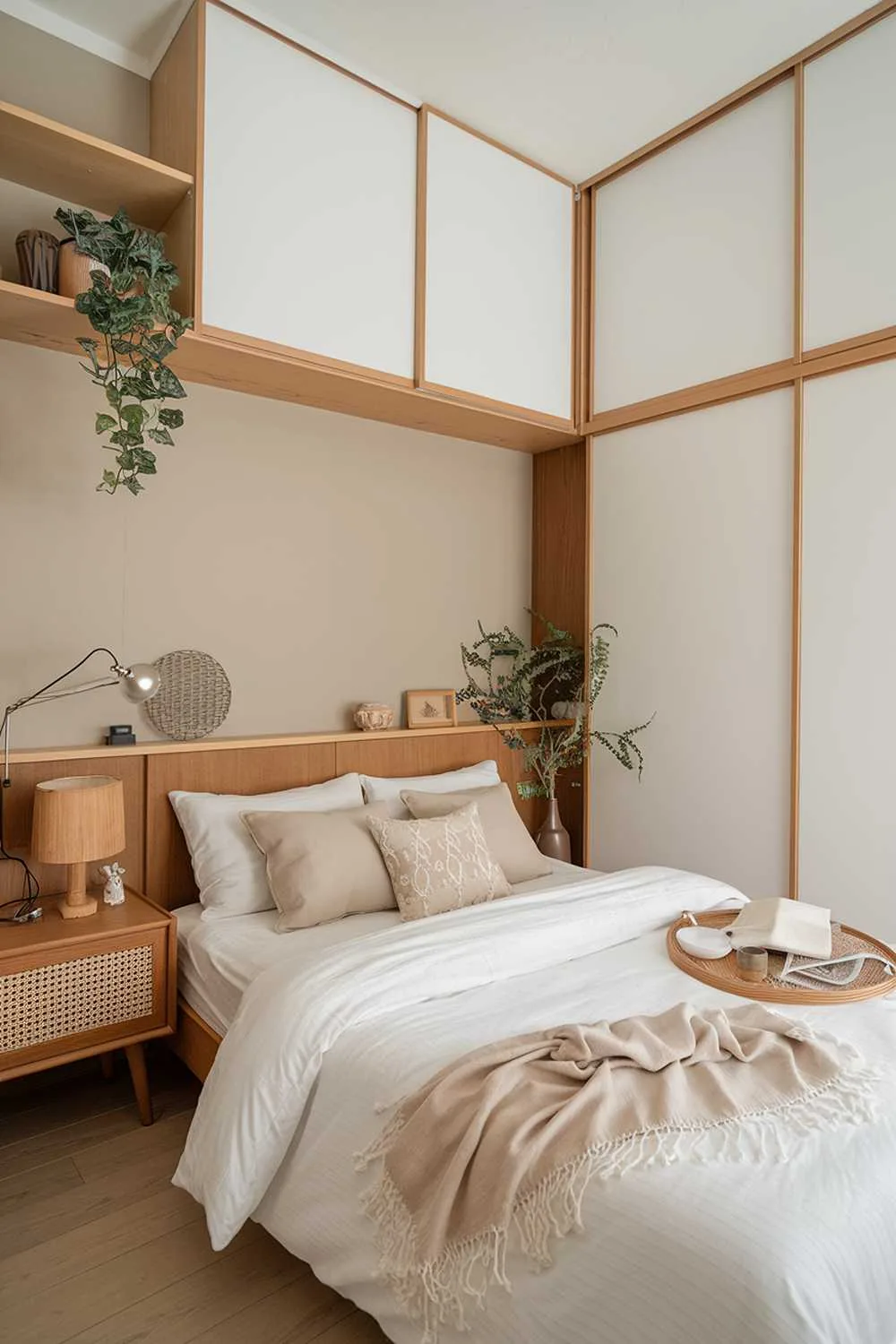 33 Japandi Small Apartment Bedroom Design Ideas 31 A cozy Japandi apartment bedroom design with wooden elements and Scandinavian furniture. The room has a queen-sized bed with a white duvet and beige pillows. There is a wooden nightstand on one side of the bed with a lamp and a decorative item. The walls are painted beige. There is a white wardrobe with sliding doors, and a wooden shelf above the bed. The flooring is a light wood. The room has a few potted plants and a decorative item