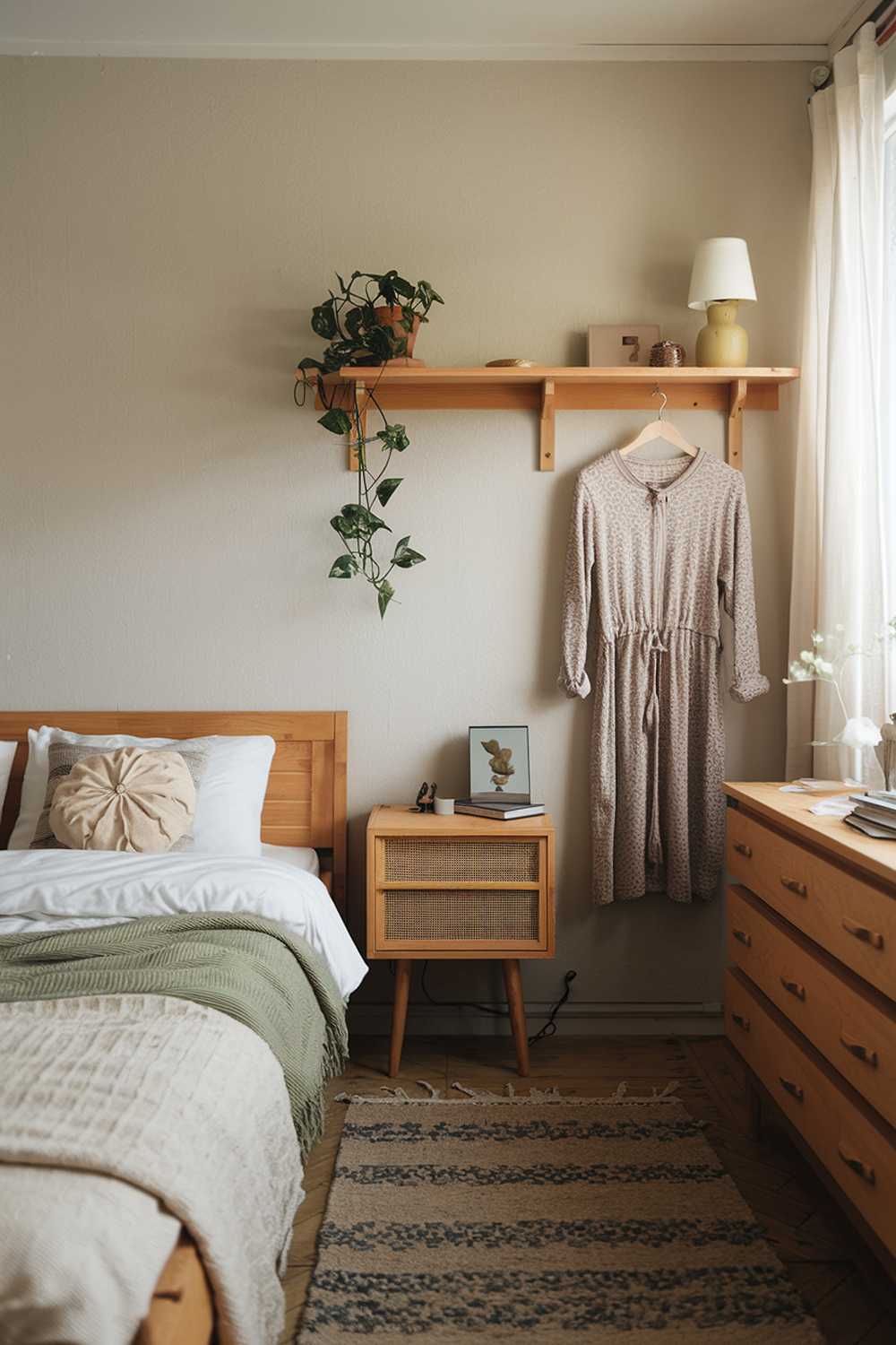 A cozy Japandi apartment bedroom design with a queen size bed, a bedside table, a dress, a rug, and a wall shelf. The wall shelf contains a plant and a lamp. The room has wooden elements, such as the wall shelf and the bedside table, and has a calming color palette of beige, light gray, and green.