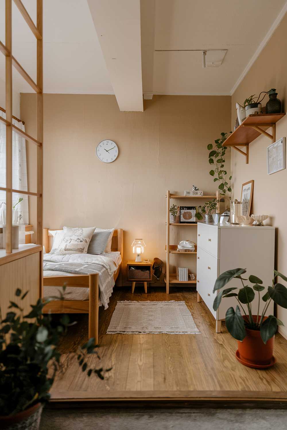 A cozy Japandi apartment bedroom design. The room has a wooden floor and is furnished with a wooden bed, a white dresser, and a wooden shelf. There's a small area rug near the bed. The walls are painted in a soft beige hue. There's a potted plant near the entrance. The room has a few personal items, such as a lamp on the nightstand and a wall clock above the bed.