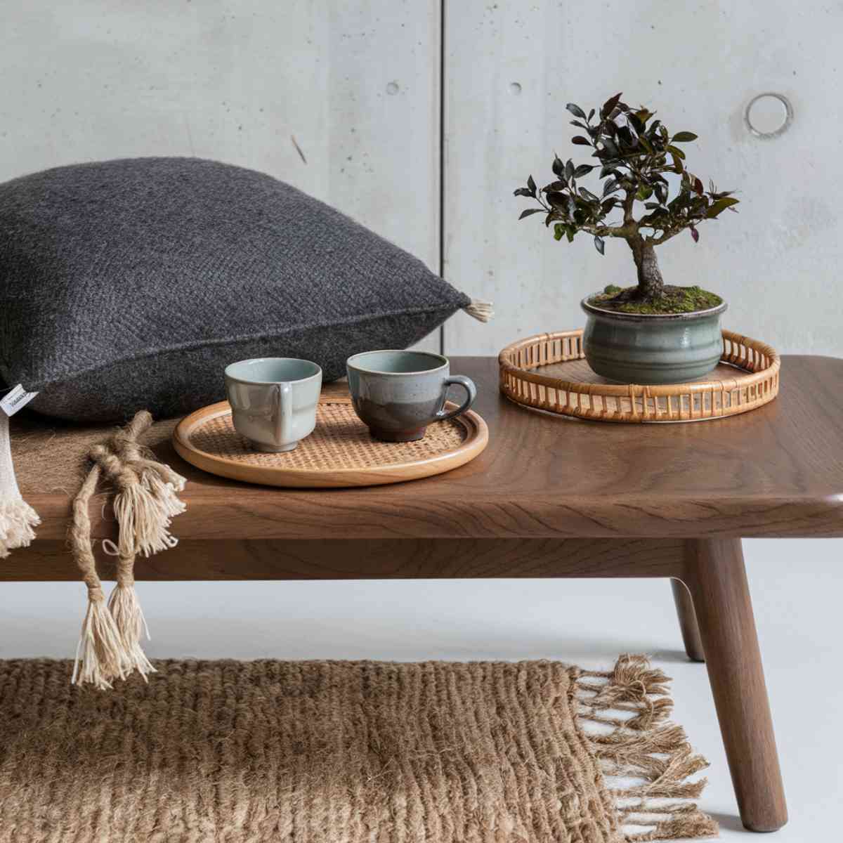 This image focus on a walnut wood bench with sleek lines, paired with a handwoven jute rug in a soft, natural tone. On the bench, place a charcoal-colored, coarse woolen cushion and a set of ceramic tea cups in varying shades of gray. Include a rattan tray holding a small potted bonsai tree with dark green leaves.