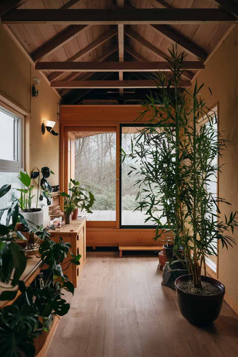 Japanese tiny house interior featuring strategically placed indoor plants, such as bonsai or bamboo, adding a touch of natural greenery and a serene ambiance.