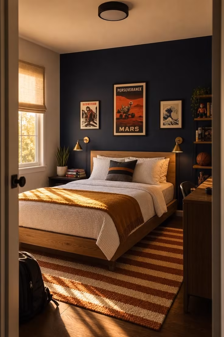 14 Kids Bedroom Ideas for Boys They'll Truly Adore 1 Navy blue accent wall with brass reading sconces above a white oak platform bed in a boy's bedroom.