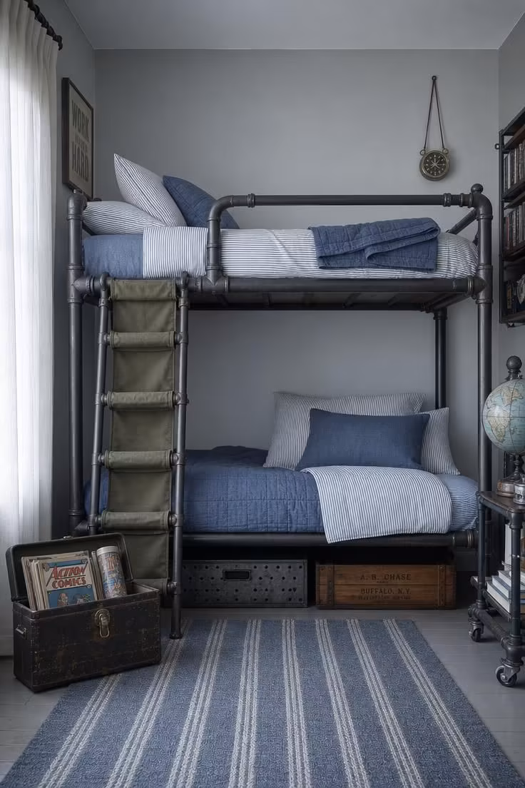 14 Kids Bedroom Ideas for Boys They'll Truly Adore 2 Industrial pipe bunk bed with canvas ladder in a cool gray boy's bedroom.