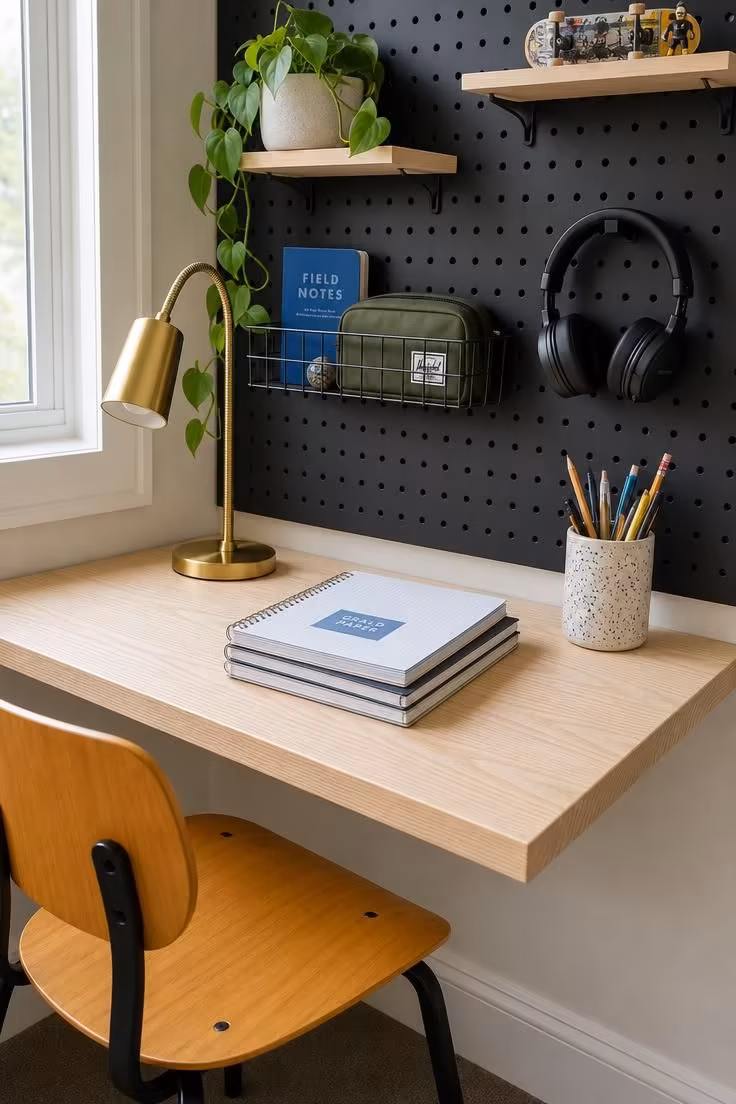 14 Kids Bedroom Ideas for Boys They'll Truly Adore 3 Corner floating desk with black pegboard wall storage in a boy's bedroom.