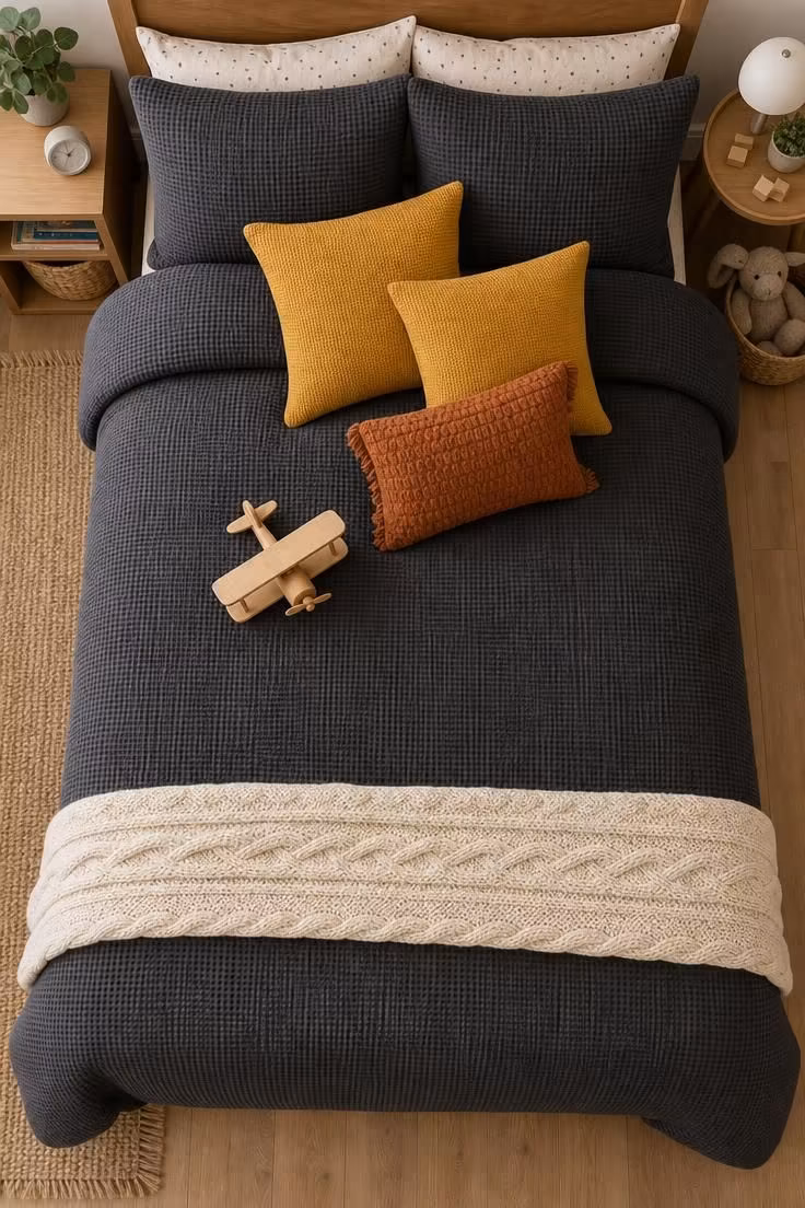 14 Kids Bedroom Ideas for Boys They'll Truly Adore 4 Charcoal gray bedding with mustard and rust throw pillows on a boy's bed.