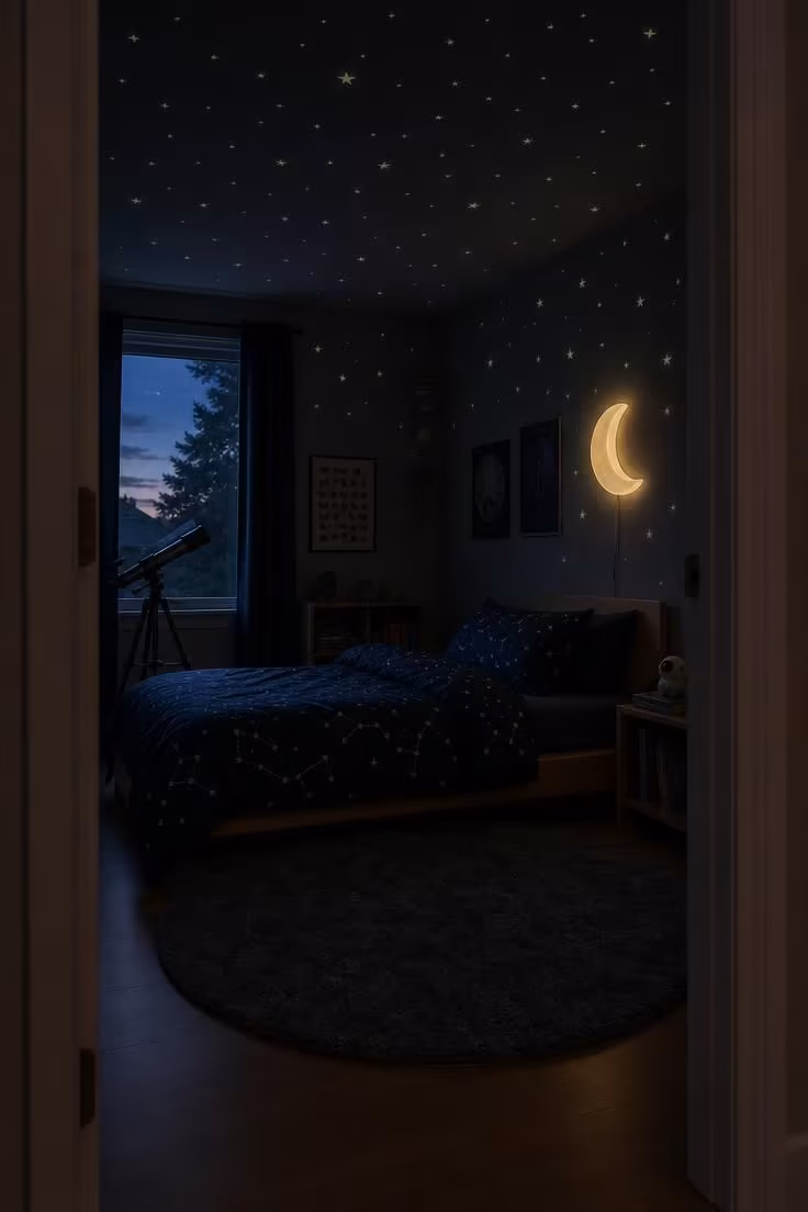 14 Kids Bedroom Ideas for Boys They'll Truly Adore 5 Space themed bedroom with glow in the dark star ceiling above a low platform bed.