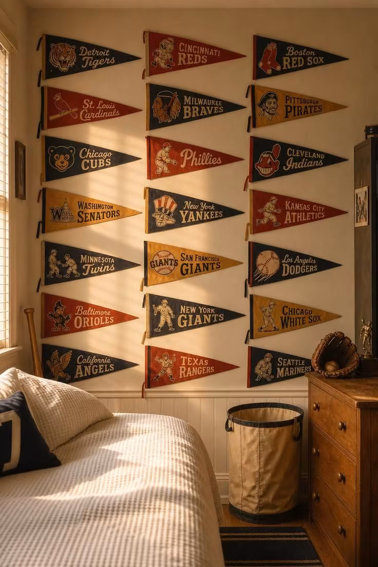 14 Kids Bedroom Ideas for Boys They'll Truly Adore 6 Vintage baseball pennant gallery wall in a sports themed bedroom for boys.