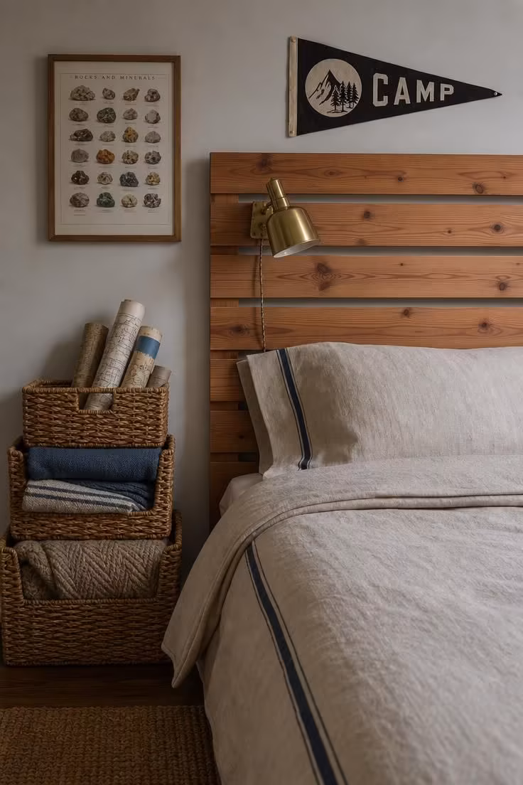 14 Kids Bedroom Ideas for Boys They'll Truly Adore 7 Cedar slat headboard with woven storage baskets beside a boy's bed.