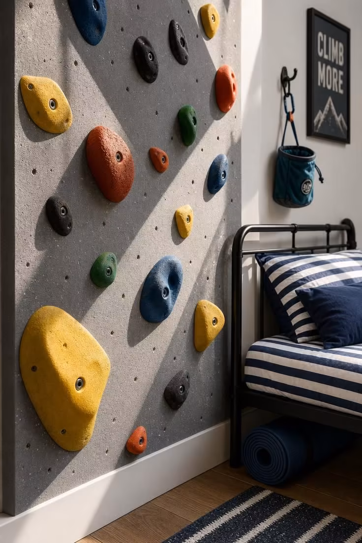 14 Kids Bedroom Ideas for Boys They'll Truly Adore 8 Rock climbing panel mounted beside a black metal twin bed frame in a boy's bedroom.