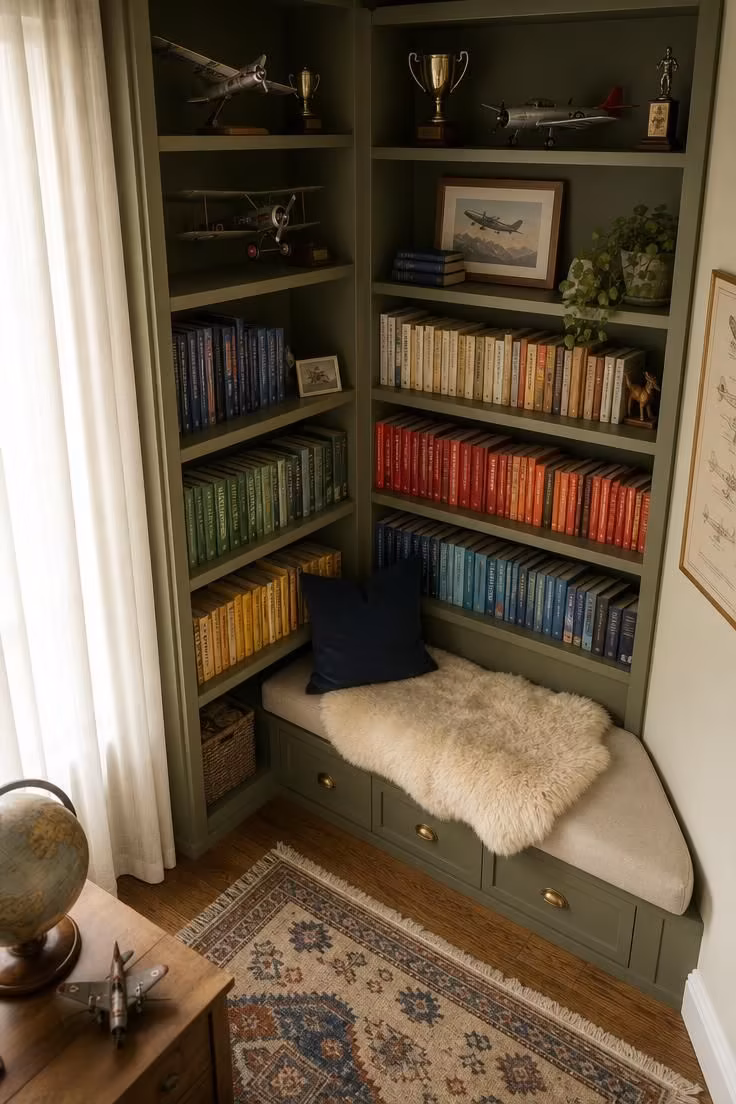 14 Kids Bedroom Ideas for Boys They'll Truly Adore 9 Olive green built in bookshelf with a cozy reading nook bench.