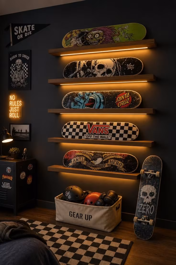 14 Kids Bedroom Ideas for Boys They'll Truly Adore 11 Floating shelves with LED strip lighting displaying skateboard decks on a dark wall.