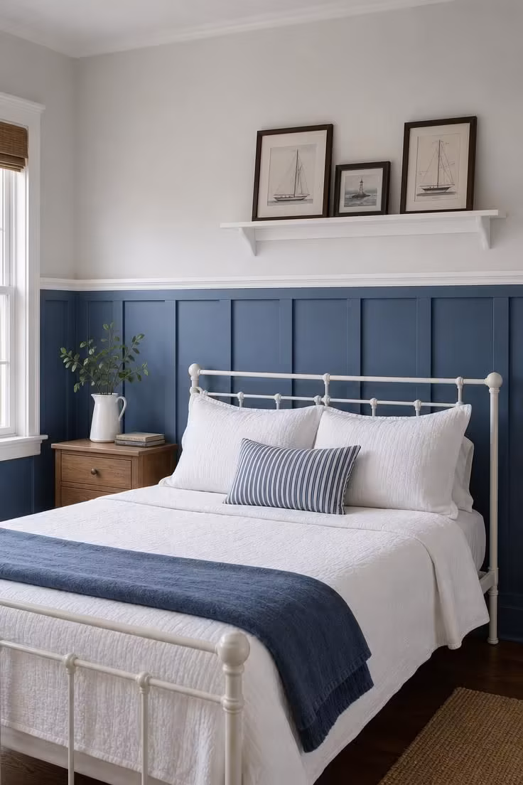 14 Kids Bedroom Ideas for Boys They'll Truly Adore 12 Denim blue wainscoting with white trim molding behind a white iron bed frame.