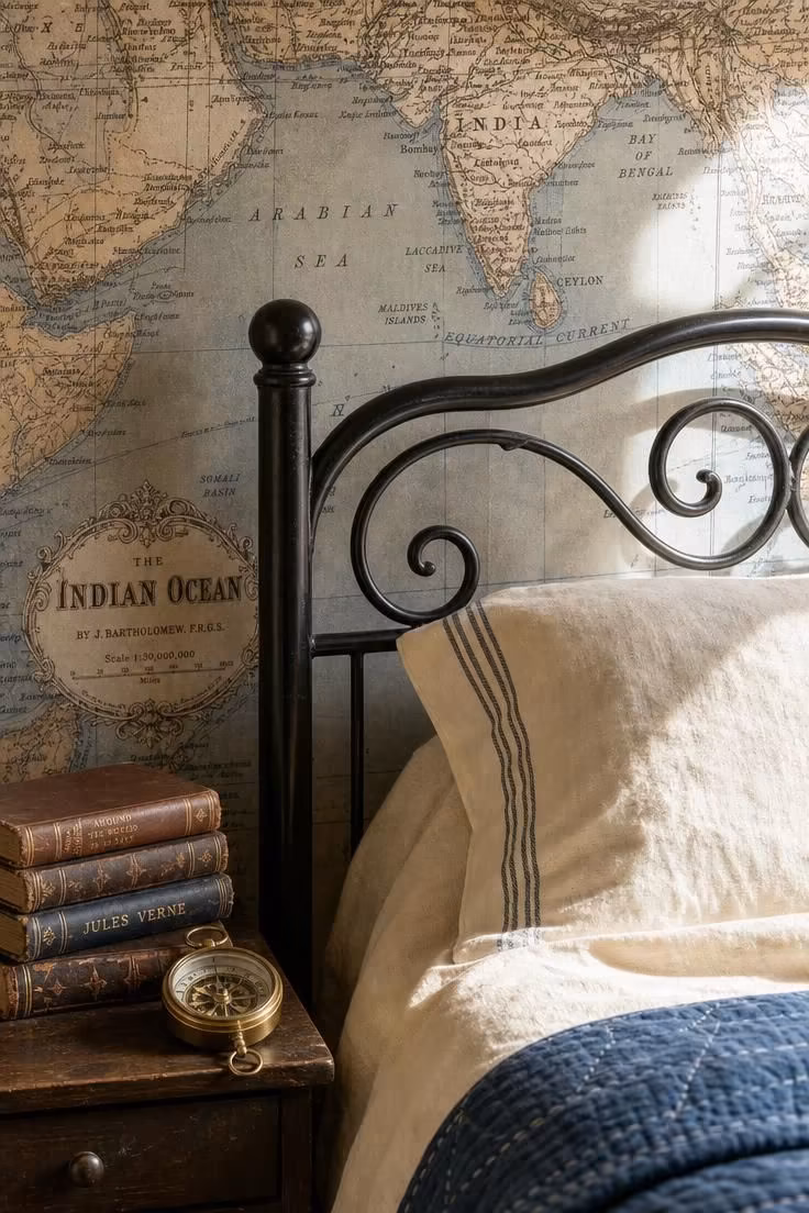 14 Kids Bedroom Ideas for Boys They'll Truly Adore 13 Vintage map wallpaper behind a black wrought iron bed frame in a boy's bedroom.