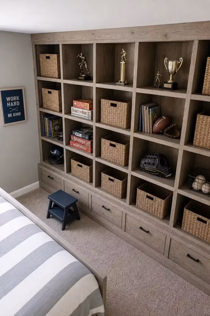 14 Kids Bedroom Ideas for Boys They'll Truly Adore 14 Weathered oak modular storage cubbies along a bedroom wall with woven bins.