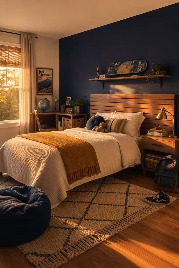 Simple Spaces 19 Cozy boy's bedroom with navy accent wall, cedar headboard, and warm styling details.