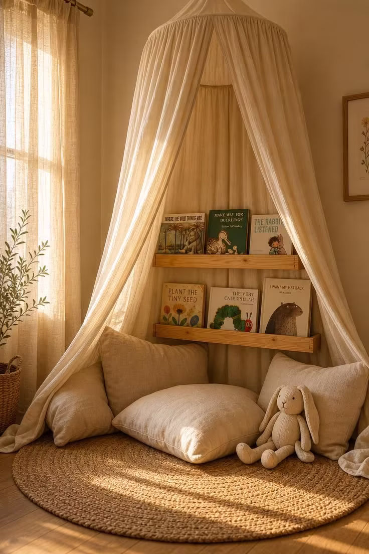 13 Charming Kids Reading Nook Ideas for Book Lovers 1 A muslin canopy draping over a jute rug with floor cushions and pine book ledges in a warm, sunlit kids reading nook.