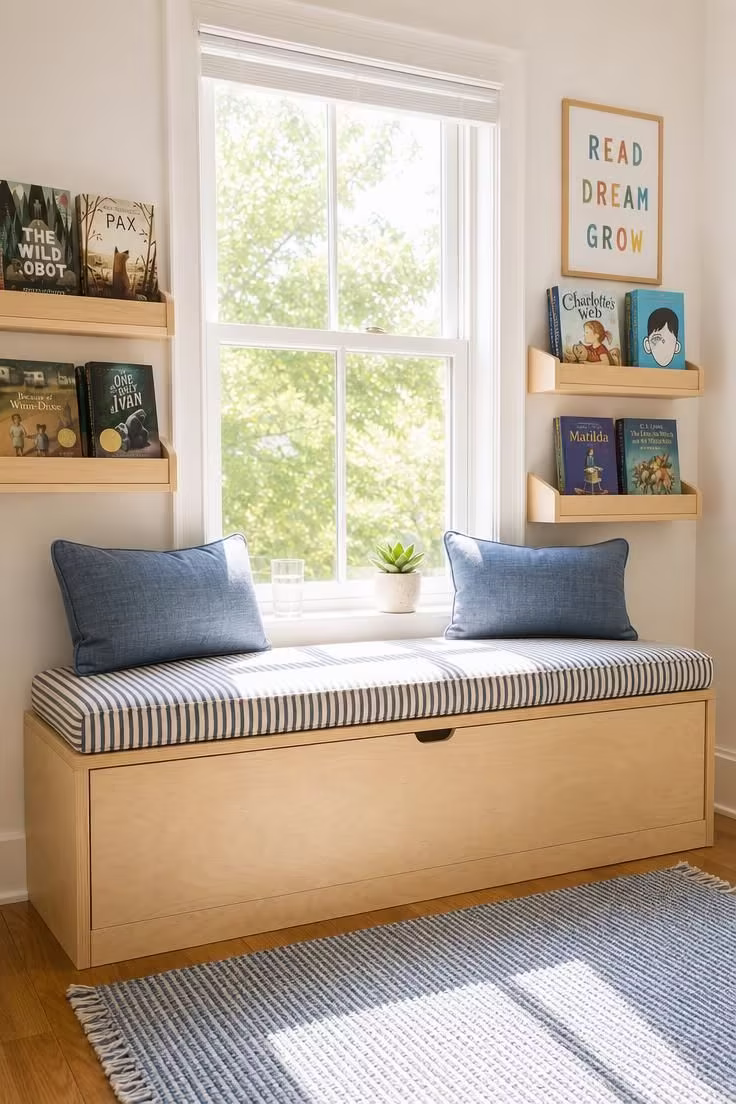 13 Charming Kids Reading Nook Ideas for Book Lovers 2 A window seat reading nook with hinged storage, navy ticking-stripe cushion, and book ledges on each side of a sunlit window.