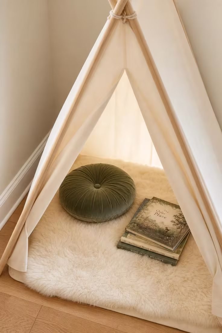 13 Charming Kids Reading Nook Ideas for Book Lovers 3 A pine A-frame teepee reading nook with cotton canvas panels and a sheepskin pad inside, photographed from a slight overhead angle.