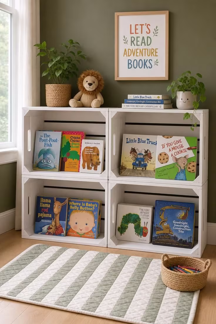 13 Charming Kids Reading Nook Ideas for Book Lovers 4 White-painted wooden crate shelves stacked against an olive green wall, displaying children's books with a quilted floor mat below.