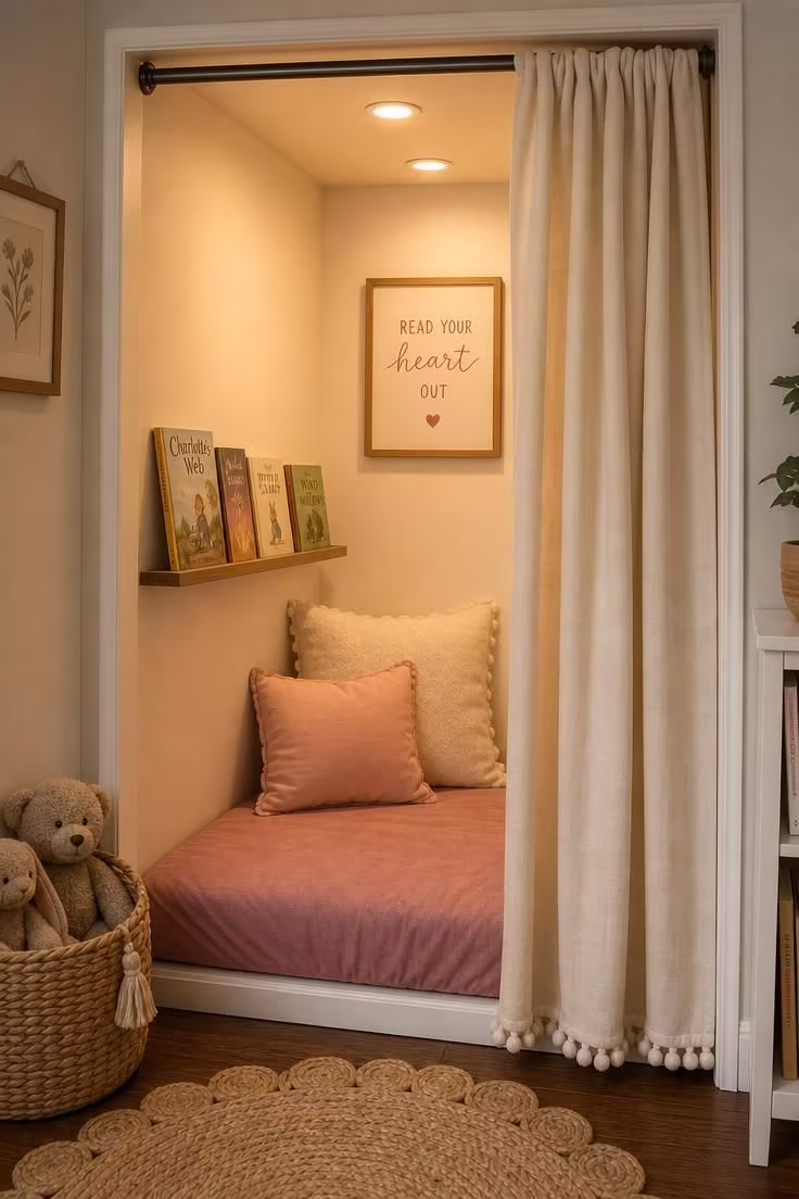 13 Charming Kids Reading Nook Ideas for Book Lovers 5 A closet converted into a kids reading corner with a pom-pom-trimmed linen curtain, dusty rose mattress pad, and warm puck lighting.