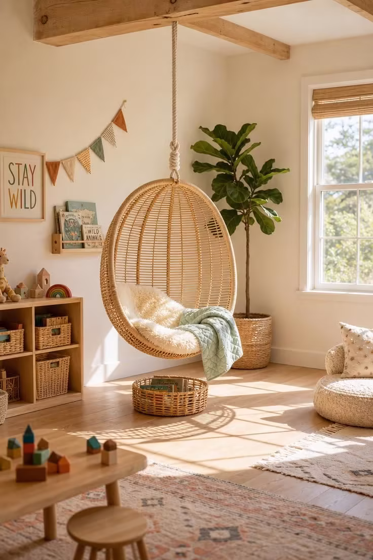 13 Charming Kids Reading Nook Ideas for Book Lovers 6 A rattan hanging egg chair with a sheepskin cushion in a bright, sunlit playroom reading area with a basket of books below.