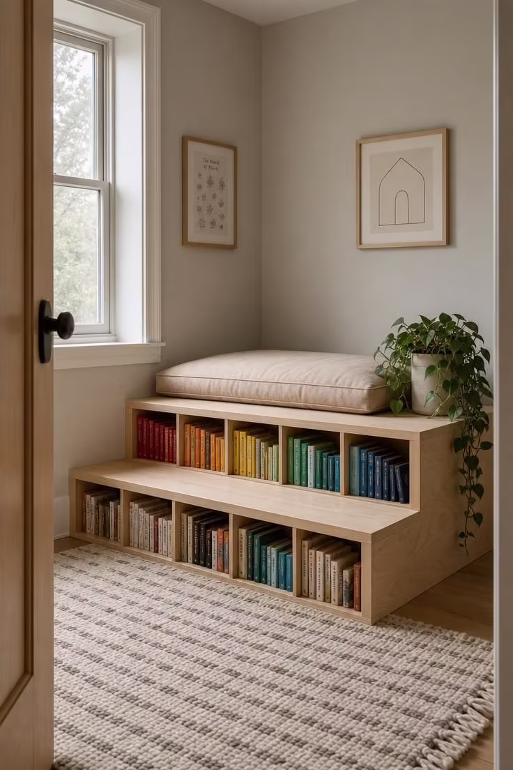 13 Charming Kids Reading Nook Ideas for Book Lovers 7 A birch plywood stepped platform with built-in cubby holes for book storage and a sand-colored cushion on top in a softly lit corner.