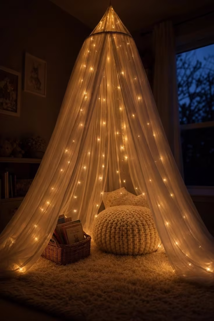 13 Charming Kids Reading Nook Ideas for Book Lovers 8 A sheer voile tent glowing with fairy lights at dusk, with a knit wool pouf and wicker book basket inside a cozy kids reading nook.