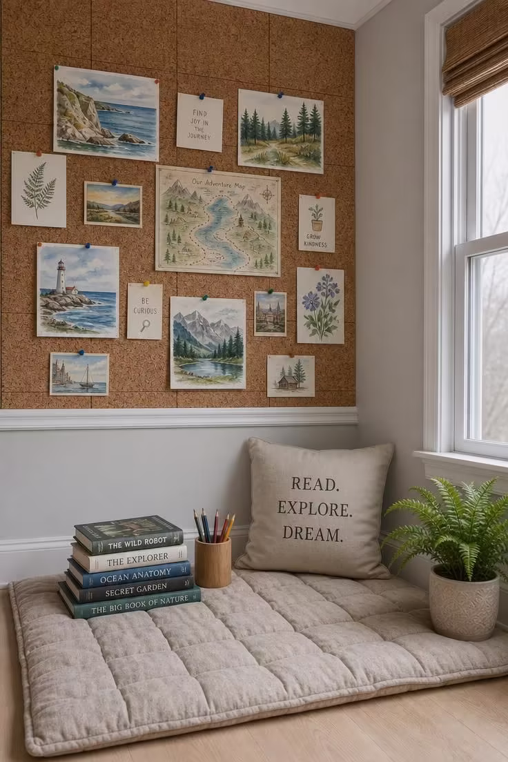 13 Charming Kids Reading Nook Ideas for Book Lovers 9 A cork board accent wall with pinned children's artwork above a linen floor mat in a softly lit reading and creating nook.