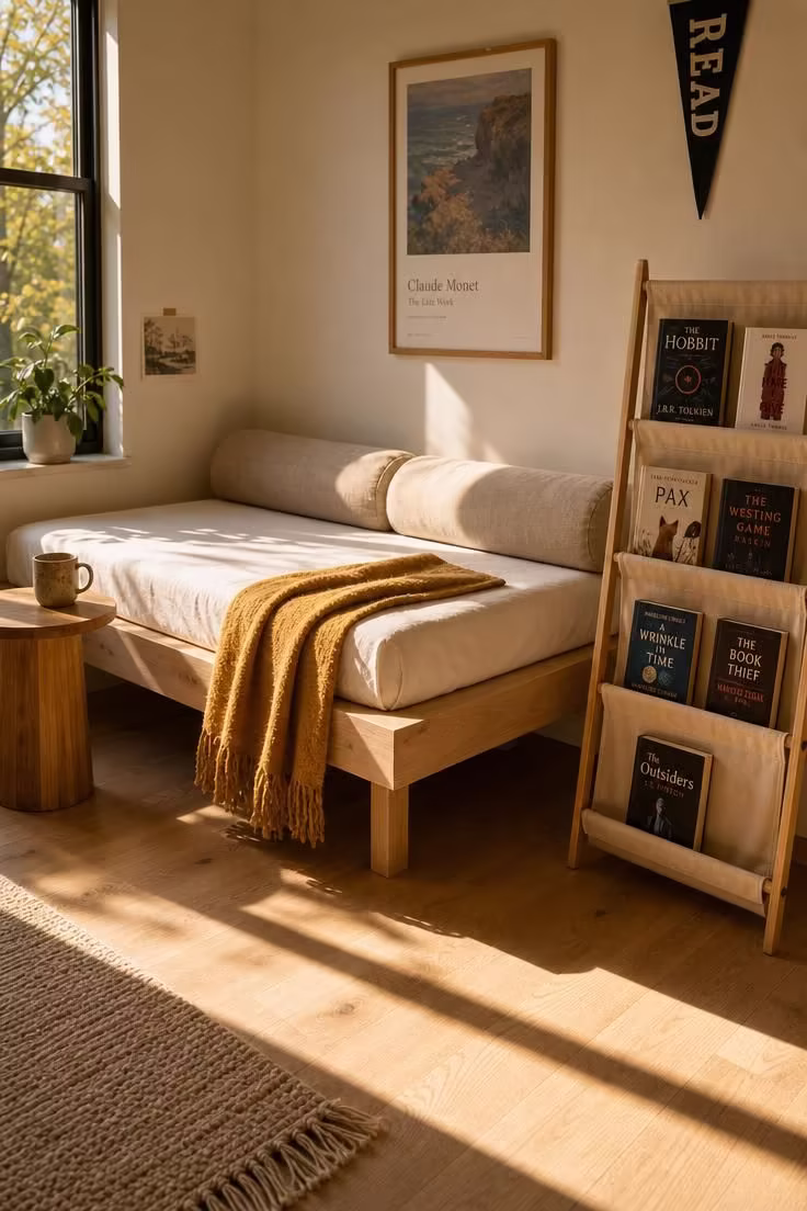 13 Charming Kids Reading Nook Ideas for Book Lovers 10 A maple daybed with a mustard throw beside a canvas sling bookshelf displaying chapter books in warm afternoon light.
