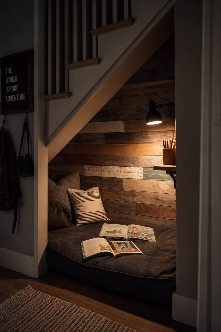 13 Charming Kids Reading Nook Ideas for Book Lovers 11 An under-stair alcove reading nook lined with reclaimed wood planks, a charcoal floor cushion, and a clip-on reading lamp.