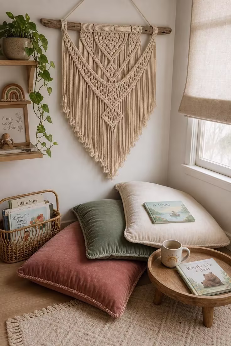 13 Charming Kids Reading Nook Ideas for Book Lovers 12 A macrame wall hanging on a driftwood dowel above dusty rose, sage, and cream velvet floor cushions in a boho-inspired reading nook.