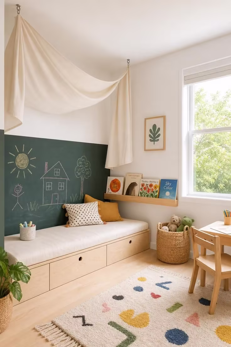 13 Charming Kids Reading Nook Ideas for Book Lovers 13 A dark green chalkboard half wall with a birch plywood bench, white cotton canopy, and book ledge in a bright kids reading nook.