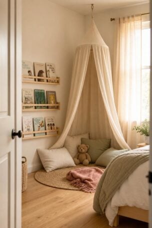 13 Charming Kids Reading Nook Ideas for Book Lovers 15 A charming kids reading nook with a muslin canopy, jute rug, linen floor cushions, and front-facing book ledges in a warmly lit bedroom corner.