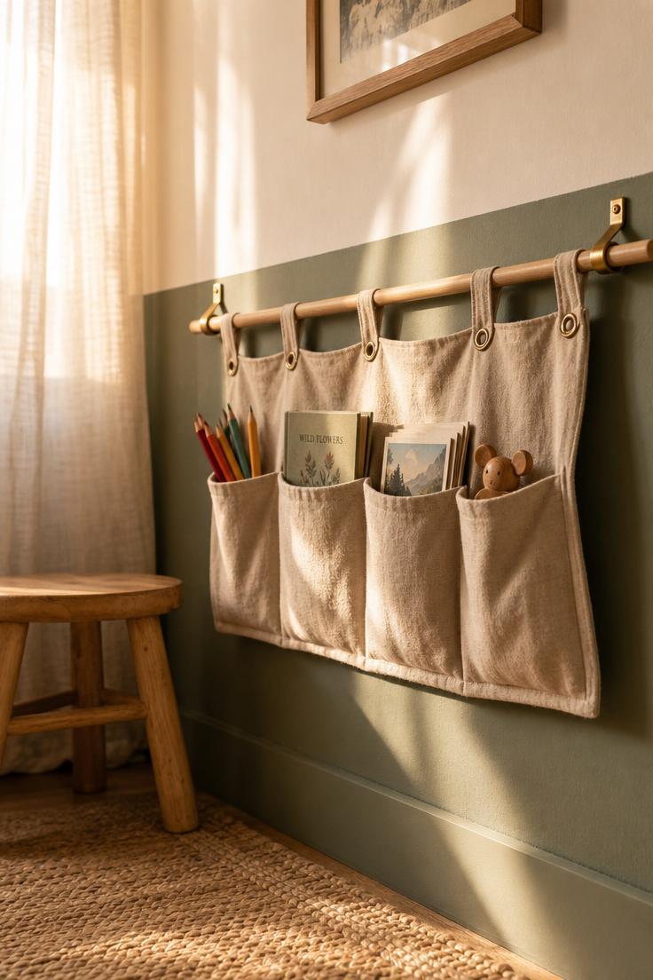 10 Playful Kids Room Wall Decor Ideas for Cozy Spaces 1 Linen pocket organizer with brass grommets on a sage green half wall in a kids bedroom with warm golden afternoon light