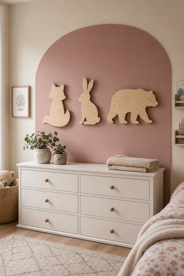 10 Playful Kids Room Wall Decor Ideas for Cozy Spaces 2 Three birch plywood animal silhouettes mounted with standoff hardware on a dusty rose wall above a low white dresser in cool overcast light
