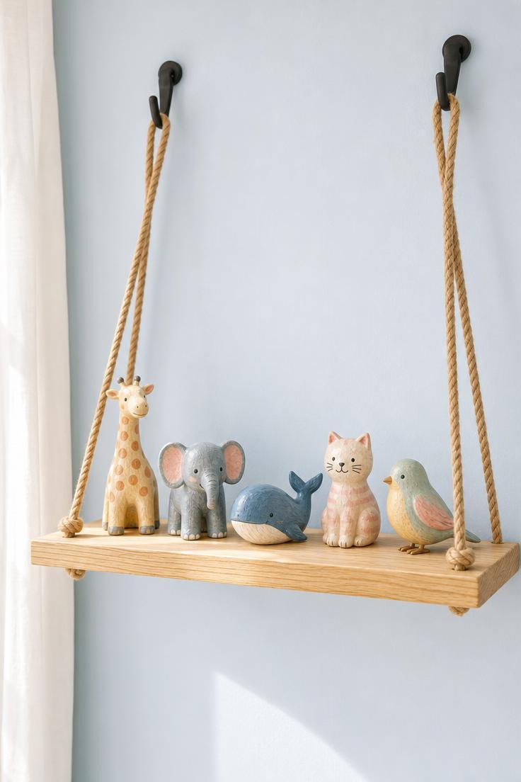 10 Playful Kids Room Wall Decor Ideas for Cozy Spaces 3 Rope-hung pine shelf with painted ceramic animal figurines against a pale blue wall in bright midday light
