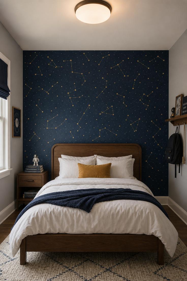 10 Playful Kids Room Wall Decor Ideas for Cozy Spaces 4 Navy blue peel and stick star map wallpaper above a walnut headboard with white bedding in soft diffused bedroom light