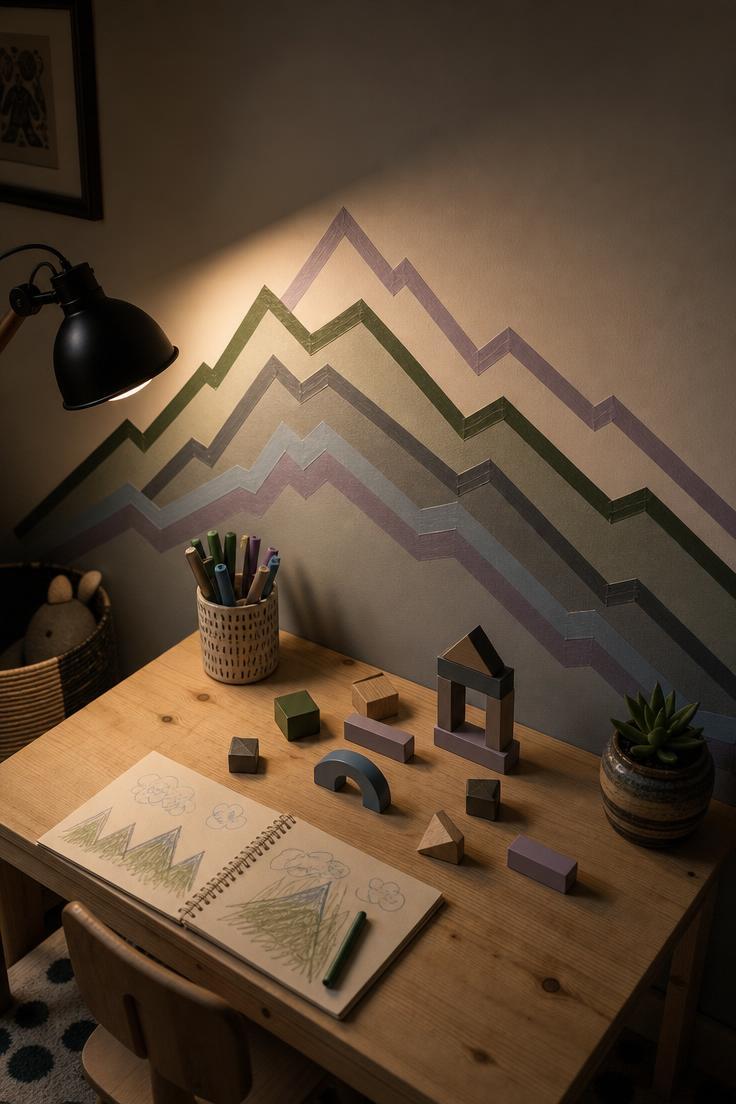 10 Playful Kids Room Wall Decor Ideas for Cozy Spaces 5 Washi tape mountain range in green and gray tones on a white wall behind a wooden play table in moody low lamplight