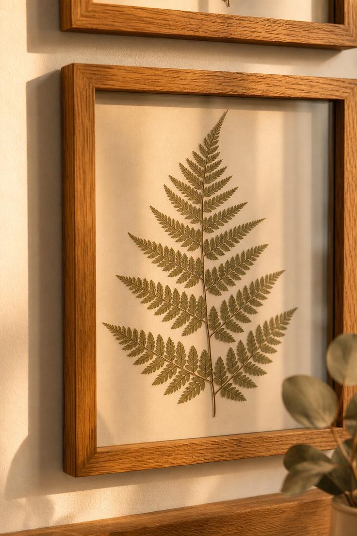 10 Playful Kids Room Wall Decor Ideas for Cozy Spaces 6 Four slim oak frames holding pressed ferns in a grid arrangement on a warm white wall in golden hour light