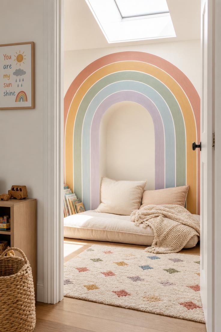 10 Playful Kids Room Wall Decor Ideas for Cozy Spaces 7 Muted rainbow arch painted over a cushioned reading nook with linen pillows in bright midday skylight