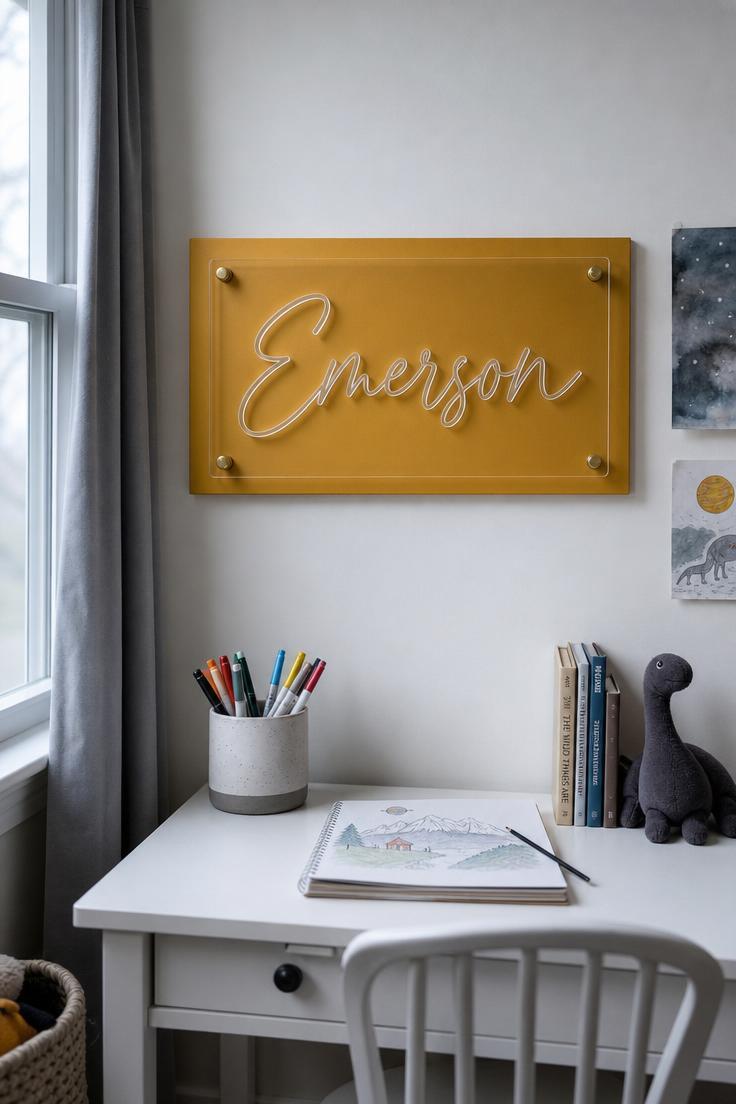 10 Playful Kids Room Wall Decor Ideas for Cozy Spaces 9 Clear acrylic cursive name sign mounted on a mustard yellow wall panel above a small white desk in cool overcast light