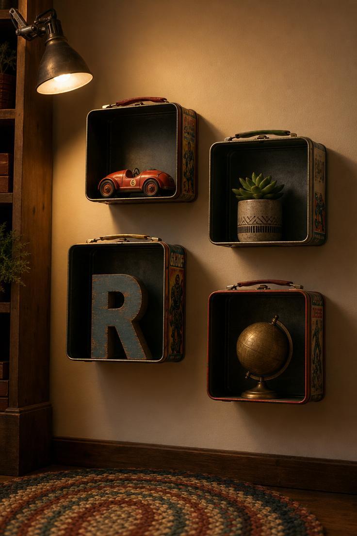 10 Playful Kids Room Wall Decor Ideas for Cozy Spaces 10 Vintage tin lunch boxes mounted as shadow shelves on a cream wall holding small objects in warm moody low lamplight