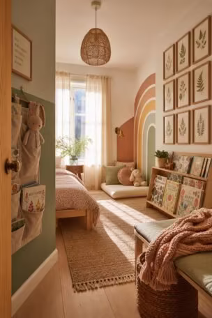 Wide view of a bright children's bedroom with sage green walls, pressed fern gallery, rainbow arch reading nook, and warm golden afternoon light
