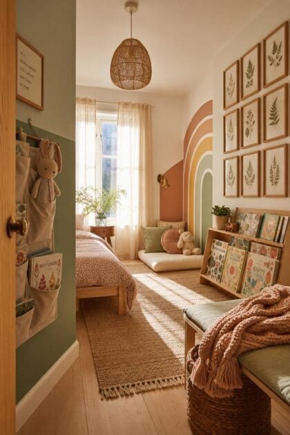 10 Playful Kids Room Wall Decor Ideas for Cozy Spaces Wide view of a bright children's bedroom with sage green walls, pressed fern gallery, rainbow arch reading nook, and warm golden afternoon light