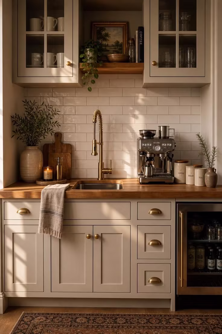 Kitchen coffee bar with white ceramic subway tile backsplash, brass pull-down faucet, butcher block countertop, espresso machine, and cream ceramic canisters in warm golden light.