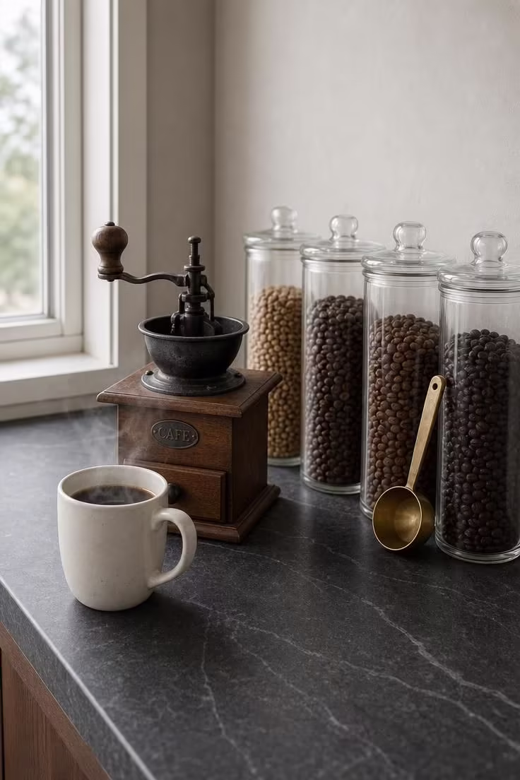 Honed soapstone countertop coffee station with vintage hand-crank grinder, four glass apothecary canisters of coffee beans, white ceramic mug, and brass scoop in cool overcast light.