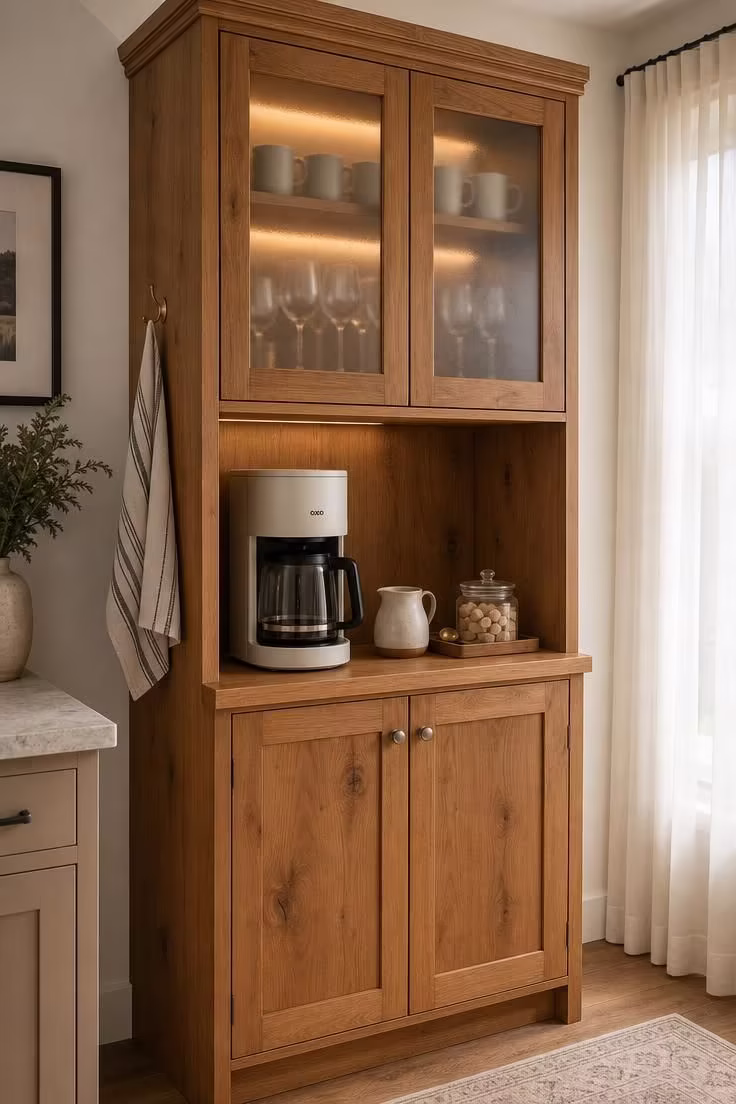 Built-in alder wood coffee cabinet with frosted glass upper doors showing silhouettes of mug storage, open middle counter shelf with coffee maker, and LED interior lighting in soft diffused light.